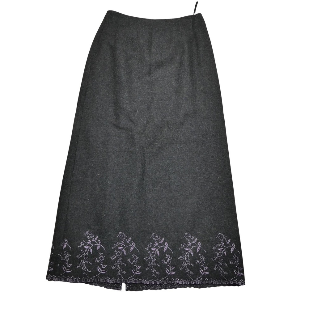 GW Skirt Womens 6 Gray Wool Embroidered Floral Hem Lined Midi Career Office